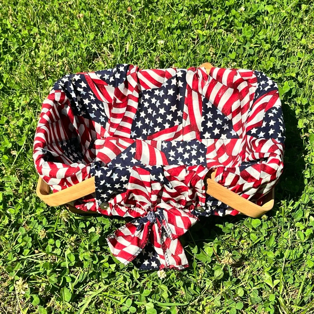 Vintage Double Articulated Handled Basket With Flag Patriotic Liner 12